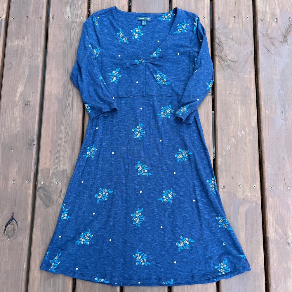 Toad & Co Dress‎ Blue Floral Polka Dot V-Neck Empire Waist 3/4 Sleeve Small